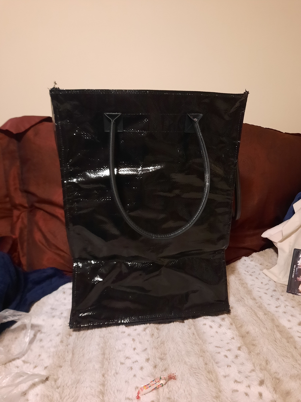 NWT LARGE Black Collapsible Patent Tote Shopping Bag W/ Wheels Full Zip & Pocket